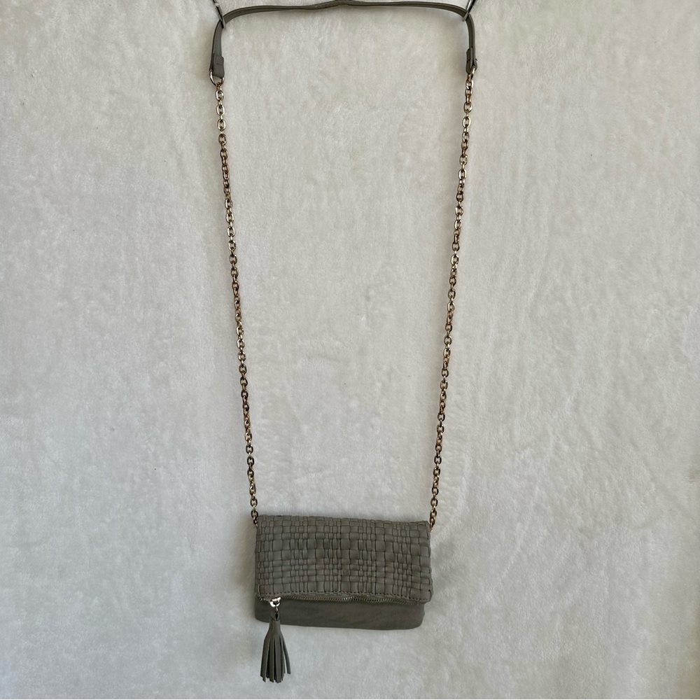 Madison West Gray Woven Faux Vegan‎ Leather Chain Strap Crossbody Purse